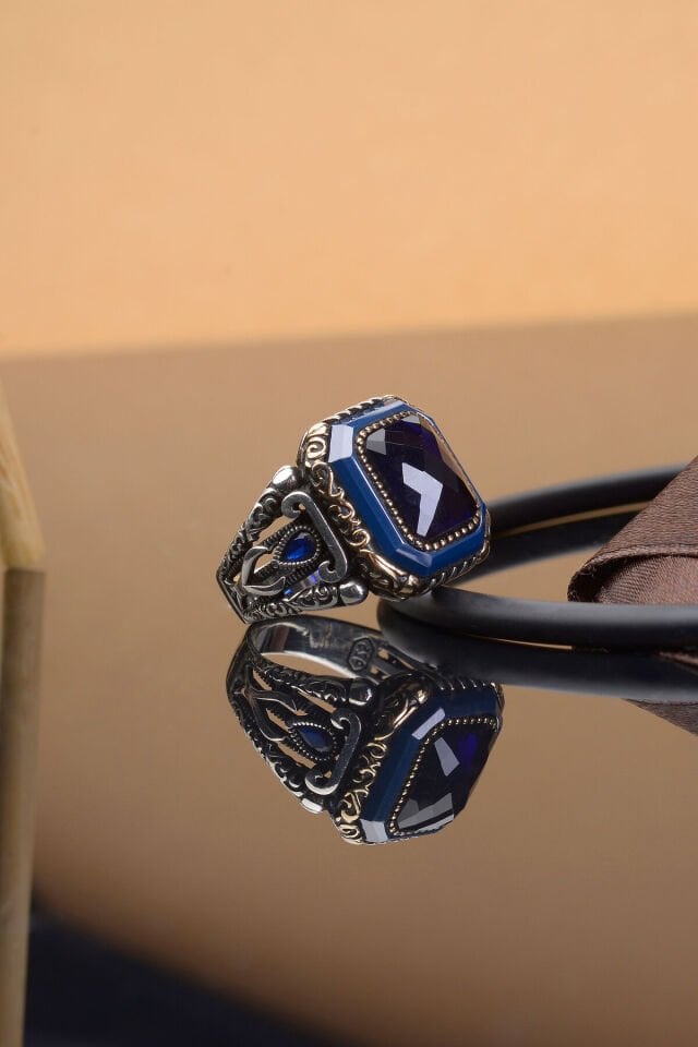 925 AYAR GÜMÜŞ ZİRKON TAŞLI LACİVERT RENKLİ ERKEK YÜZÜK