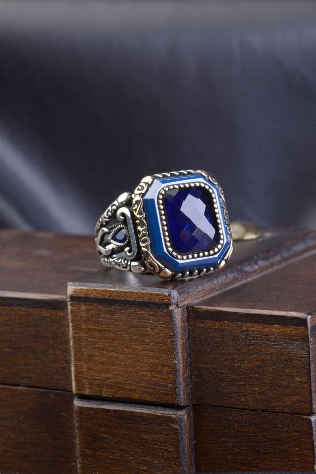 925 AYAR GÜMÜŞ ZİRKON TAŞLI LACİVERT RENKLİ ERKEK YÜZÜK