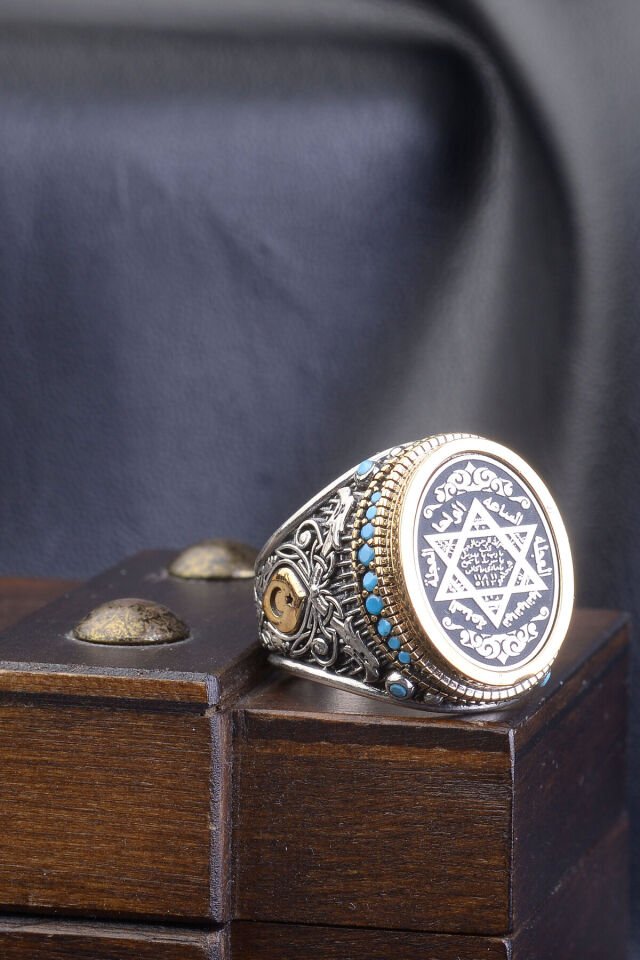 MÜHRÜ SÜLEYMAN İŞLEMELİ 925 AYAR TAŞ DETAYLI ERKEK YÜZÜK