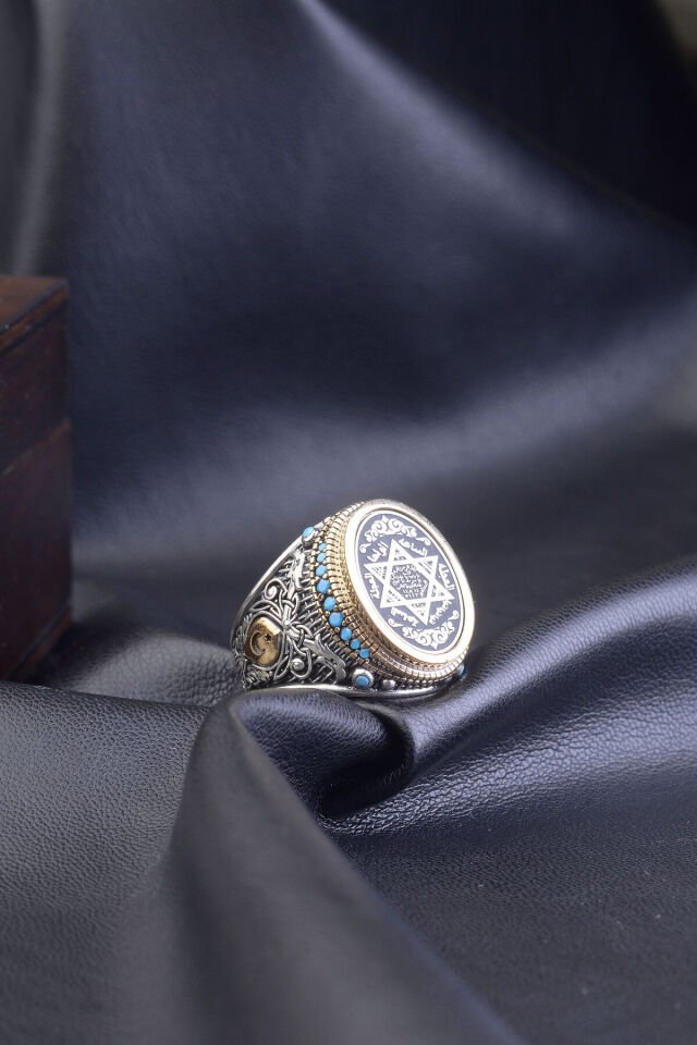 MÜHRÜ SÜLEYMAN İŞLEMELİ 925 AYAR TAŞ DETAYLI ERKEK YÜZÜK