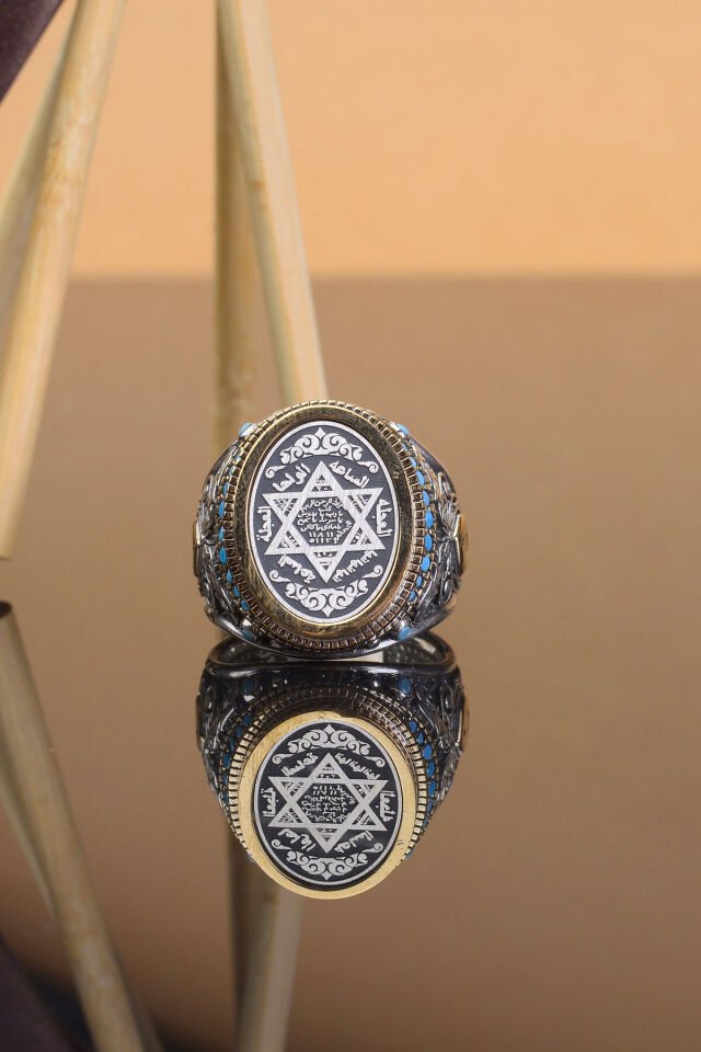 MÜHRÜ SÜLEYMAN İŞLEMELİ 925 AYAR TAŞ DETAYLI ERKEK YÜZÜK