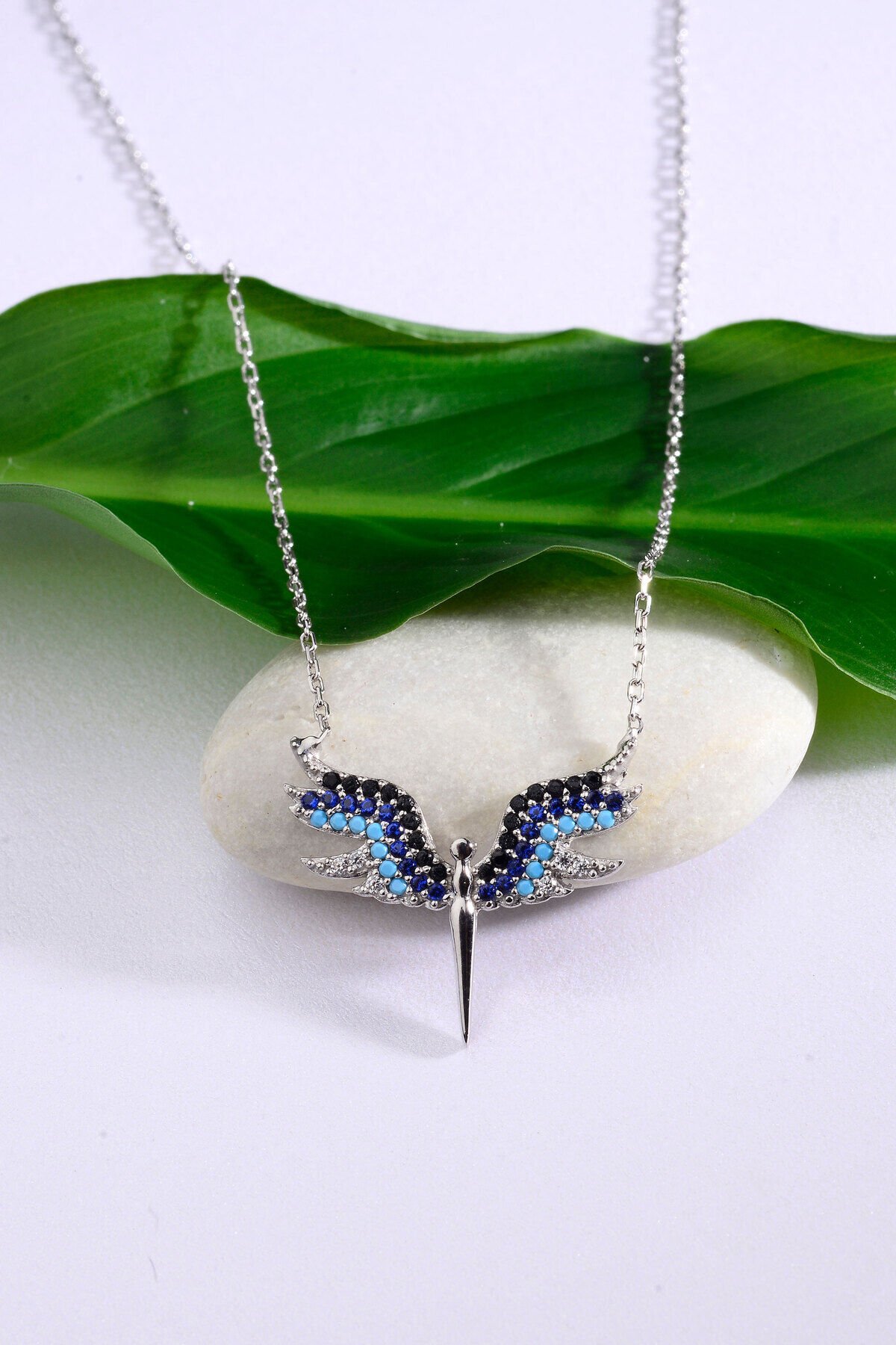 925 Ayar Gümüş Mavi Taşlı Anka Kolye