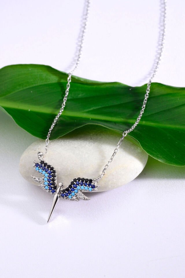 925 Ayar Gümüş Mavi Taşlı Anka Kolye