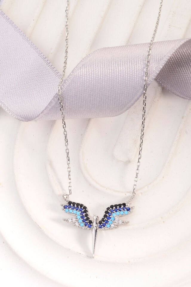 925 Ayar Gümüş Mavi Taşlı Anka Kolye