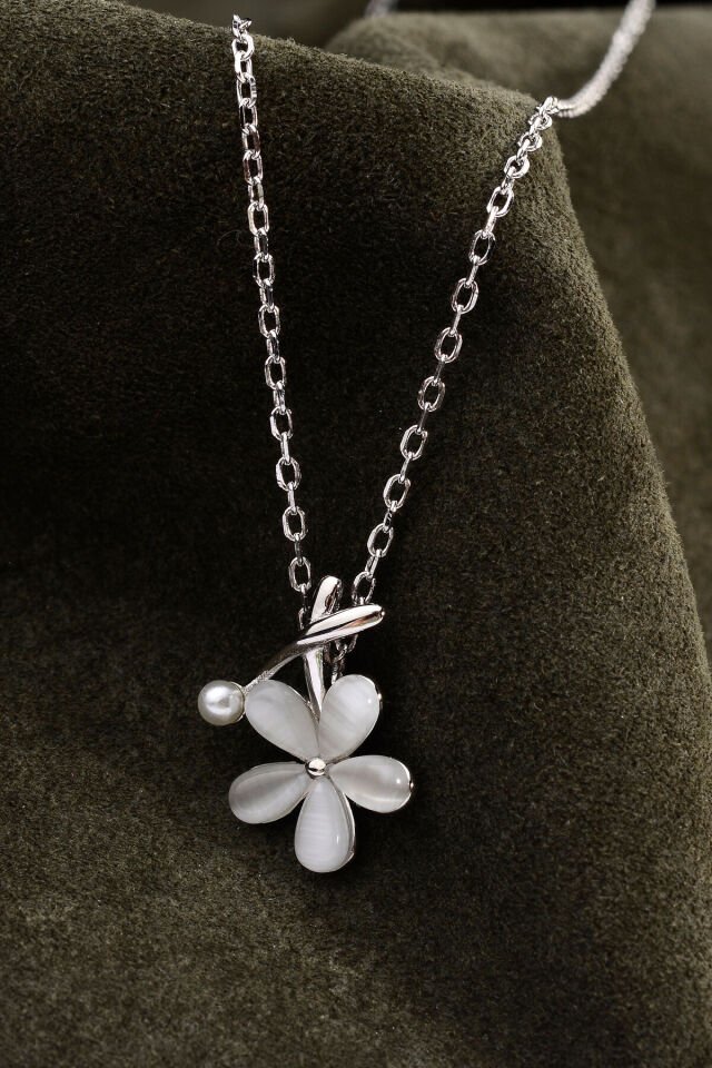 925 Ayar Gümüş Mikro İnci & Sedefli Çiçek Figürlü Kolye