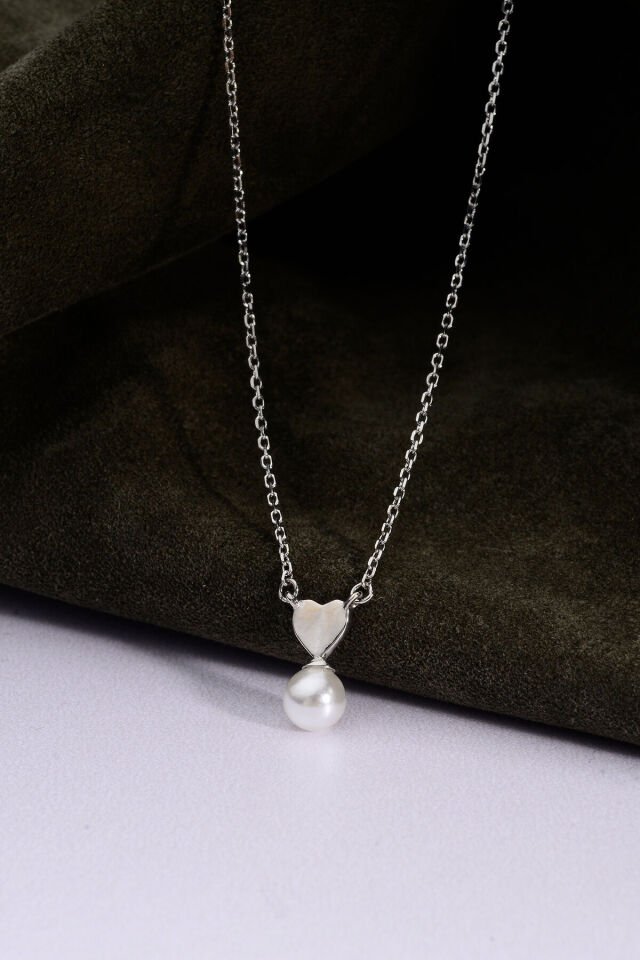 925 Ayar Gümüş Kalp Figürlü İncili İnce Zincirli Kolye