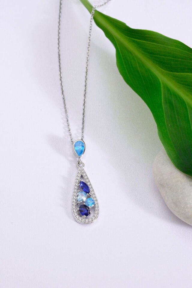 925 Ayar Gümüş Mavi Damla Motifli Farklı Kesim & Farklı Renkli Taşlı Kolye