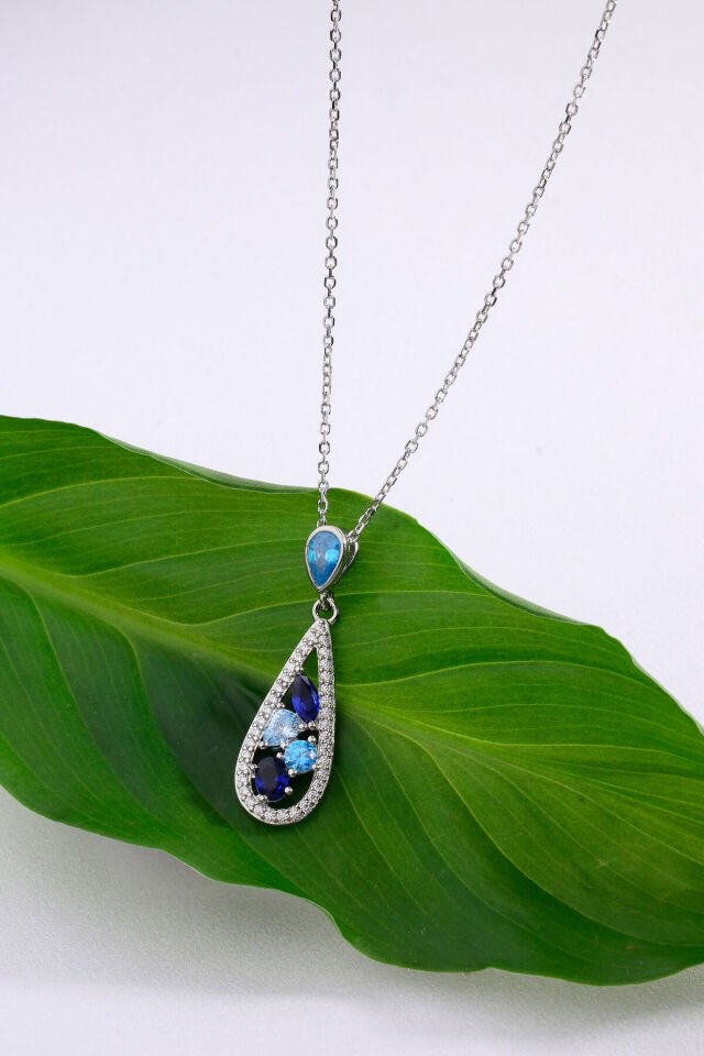 925 Ayar Gümüş Mavi Damla Motifli Farklı Kesim & Farklı Renkli Taşlı Kolye