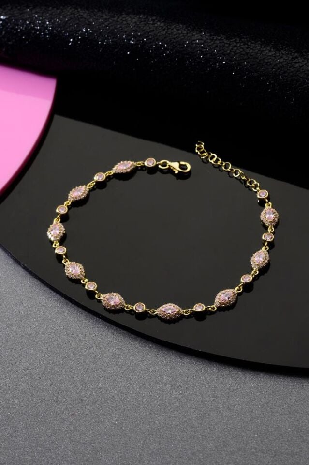 925 Ayar Gümüş Pembe Taşlı Damla Bileklik