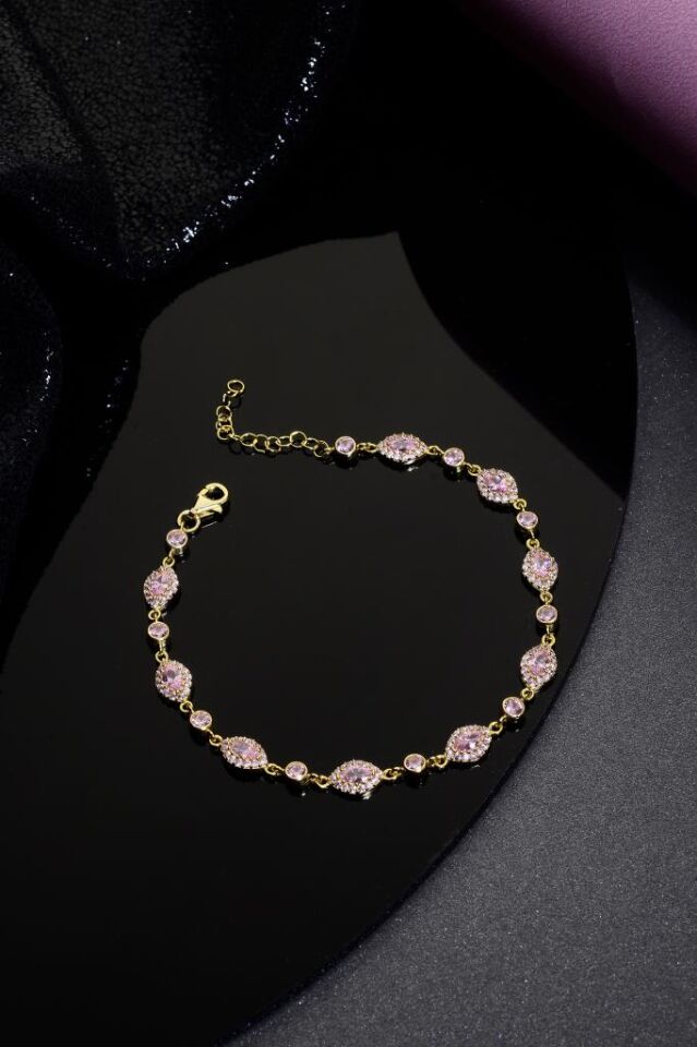 925 Ayar Gümüş Pembe Taşlı Damla Bileklik