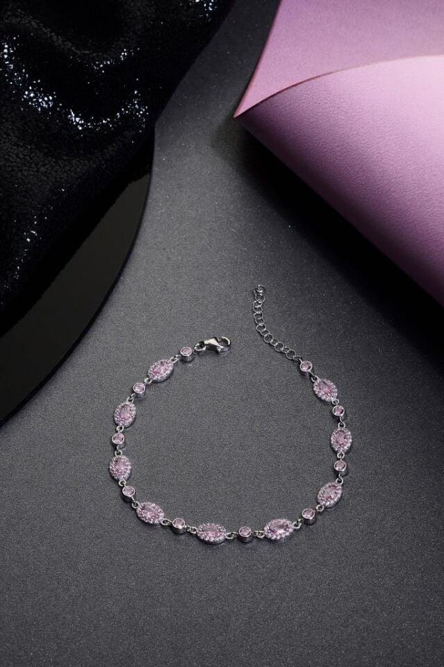 925 Ayar Gümüş Pembe Sıralı Taşlı Bileklik
