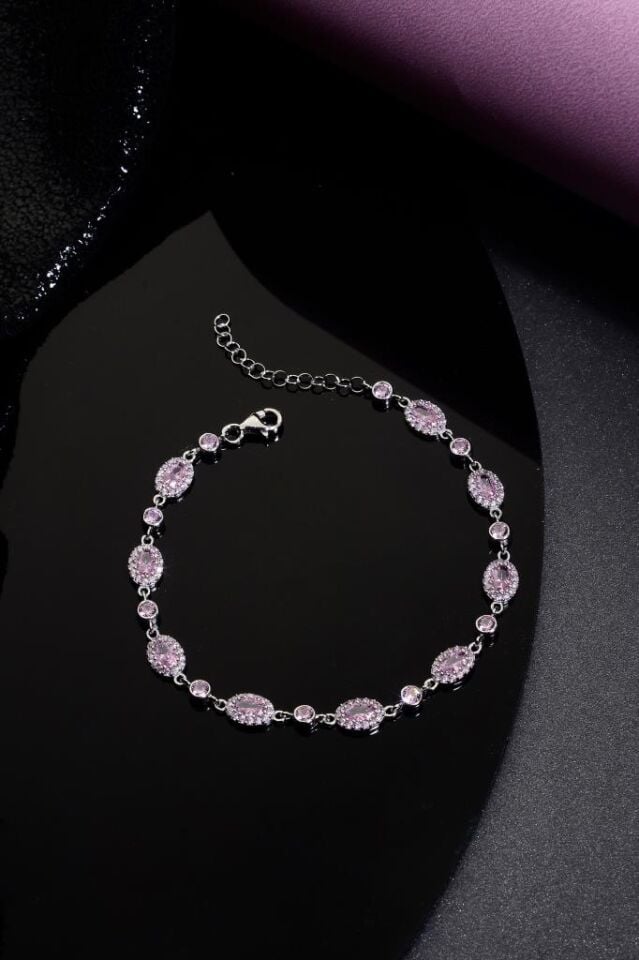 925 Ayar Gümüş Pembe Sıralı Taşlı Bileklik