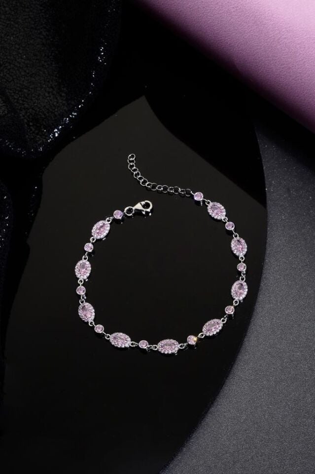 925 Ayar Gümüş Pembe Sıralı Taşlı Bileklik