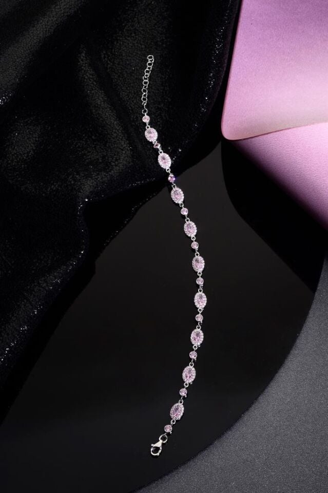 925 Ayar Gümüş Pembe Sıralı Taşlı Bileklik