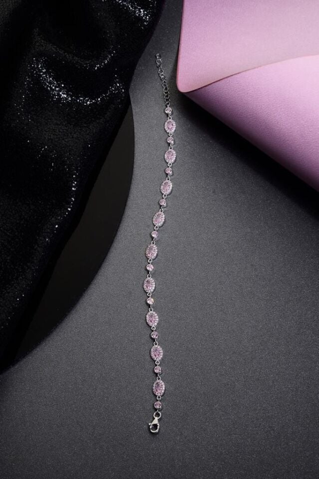 925 Ayar Gümüş Pembe Sıralı Taşlı Bileklik