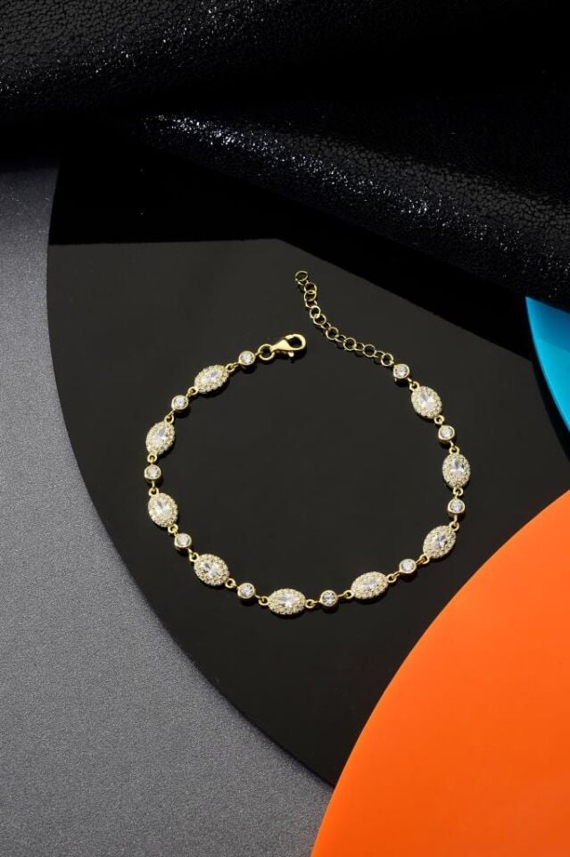 925 Ayar Gümüş Altın Kaplama Sıralı Taşlı Bileklik