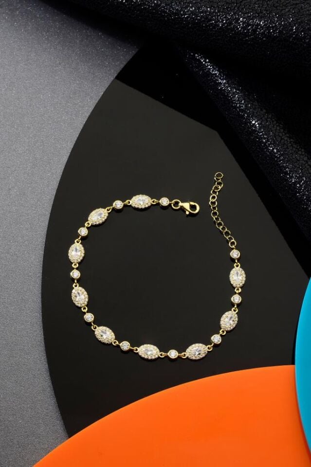 925 Ayar Gümüş Altın Kaplama Sıralı Taşlı Bileklik