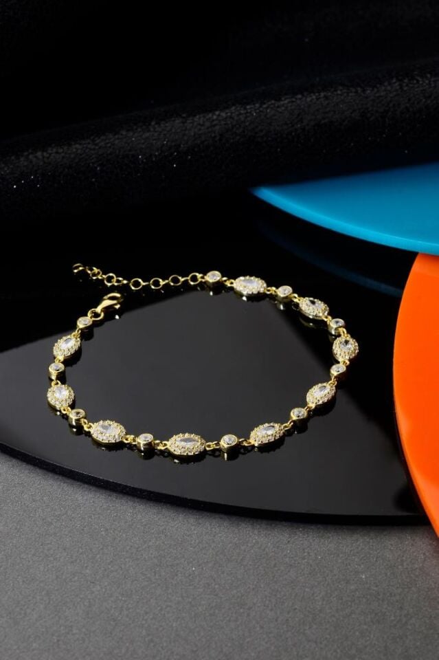 925 Ayar Gümüş Altın Kaplama Sıralı Taşlı Bileklik