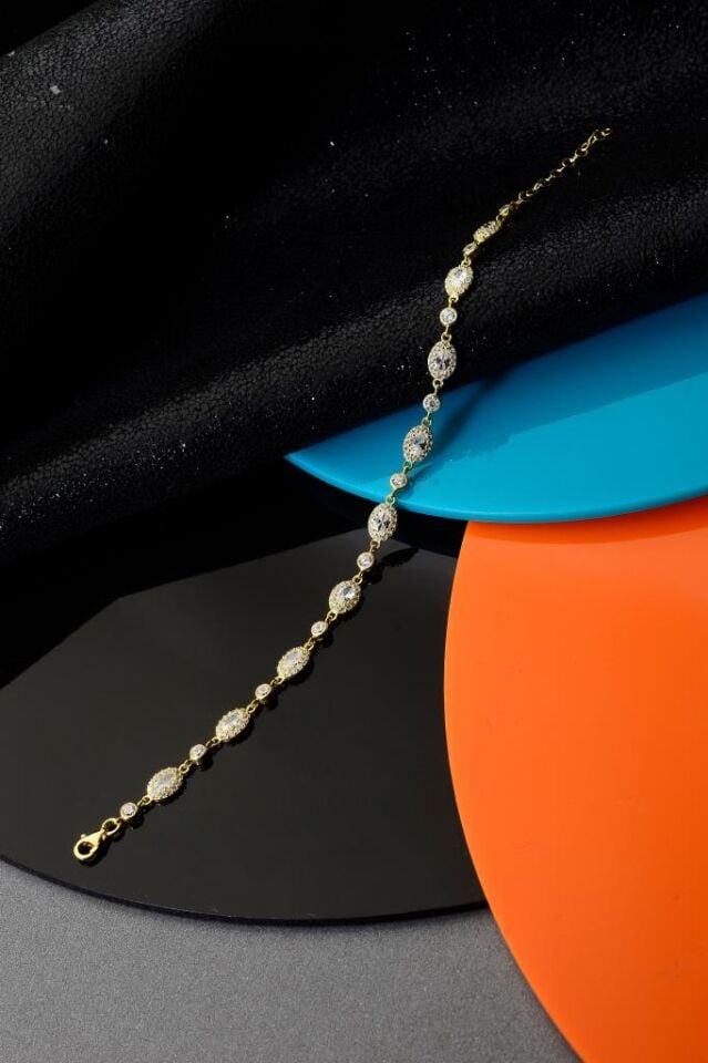 925 Ayar Gümüş Altın Kaplama Sıralı Taşlı Bileklik