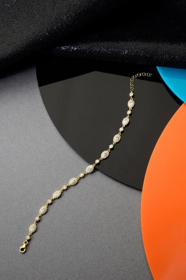 925 Ayar Gümüş Altın Kaplama Sıralı Taşlı Bileklik