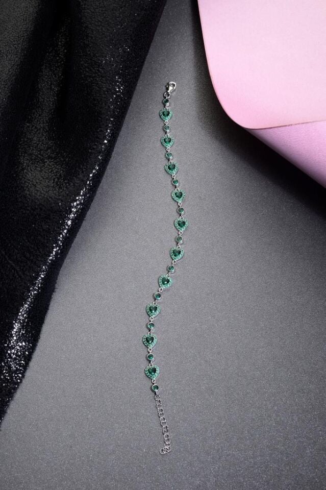 925 Ayar Gümüş Yeşil Kalp Taşlı Bileklik