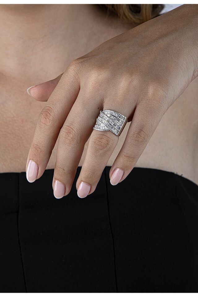 925 Ayar Gümüş Kalın Taş Tasarımlı Üç Bant Yüzük