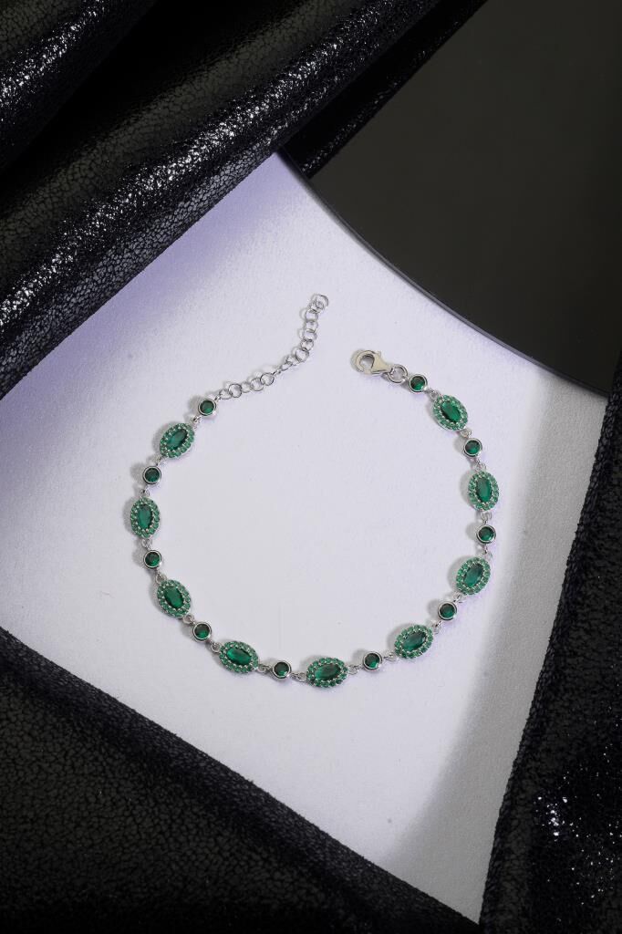 925 Ayar Gümüş Yeşil Sıralı Elips Taşlı Bileklik
