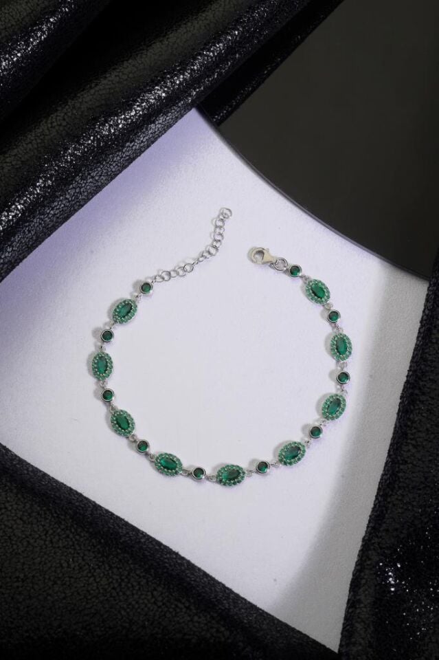 925 Ayar Gümüş Yeşil Sıralı Elips Taşlı Bileklik