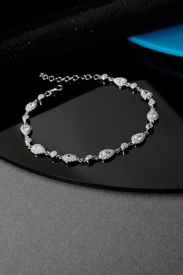 925 Ayar Gümüş Beyaz Damla Sıralı Taşlı Bileklik