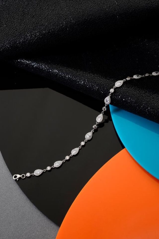 925 Ayar Gümüş Beyaz Damla Sıralı Taşlı Bileklik