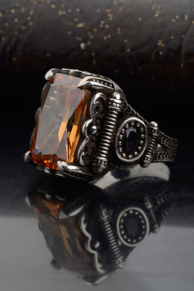 925 AYAR GÜMÜŞ SİTRİN TAŞLI ERKEK YÜZÜK