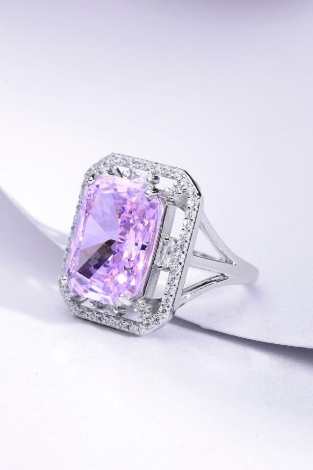 925 Ayar Gümüş Baget Kesim Taşlı Şık Yüzük Pembe - 11