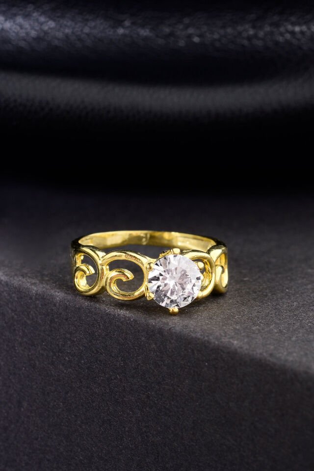 ALTIN KAPLAMA DESENLİ 925 AYAR TEKTAŞ YÜZÜK Altın - 9
