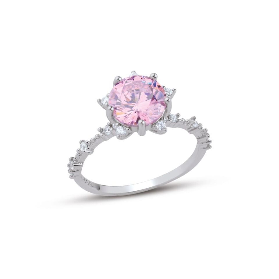 925 Ayar Gümüş Lotus Taşlı Kadın Yüzük Pembe - 15