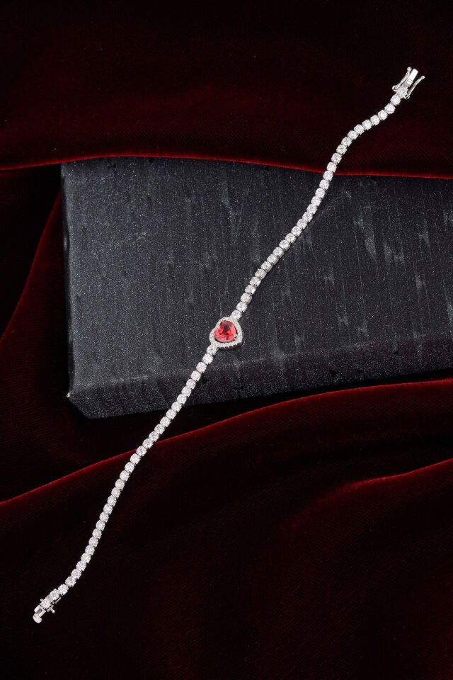 925 AYAR GÜMÜŞ PEMBE KALPLİ SU YOLU BİLEKLİK