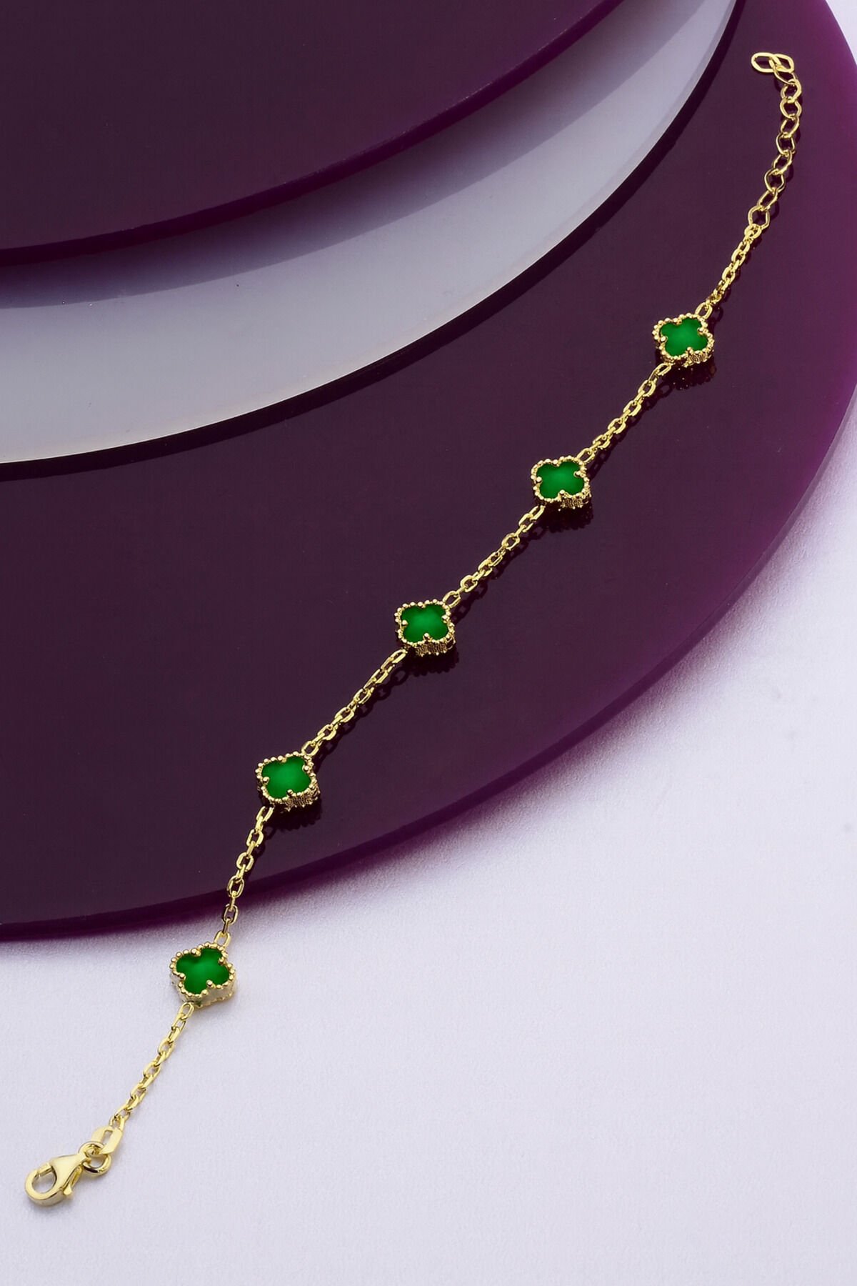 925 Ayar Gümüş Beşli 8mm Yeşil Yonca Gold Bileklik