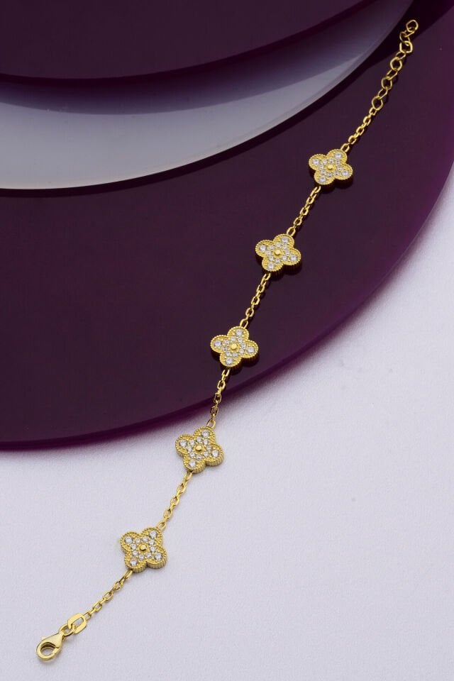 925 Ayar Gümüş Taşlı 5 Yoncalı Bileklik