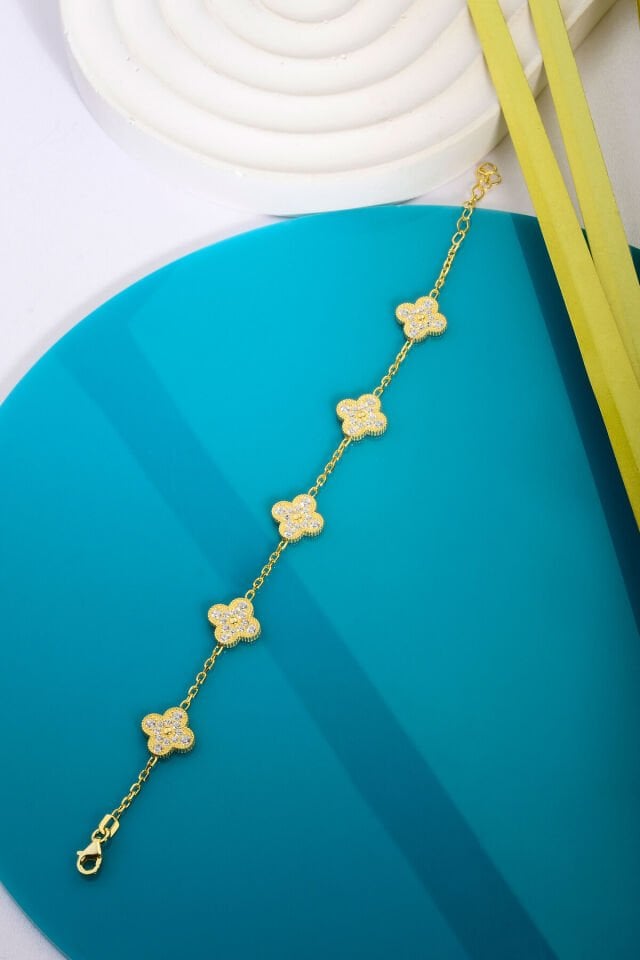 925 Ayar Gümüş Taşlı 5 Yoncalı Bileklik