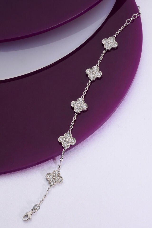 925 Ayar Gümüş Taşlı 5 Yoncalı Bileklik