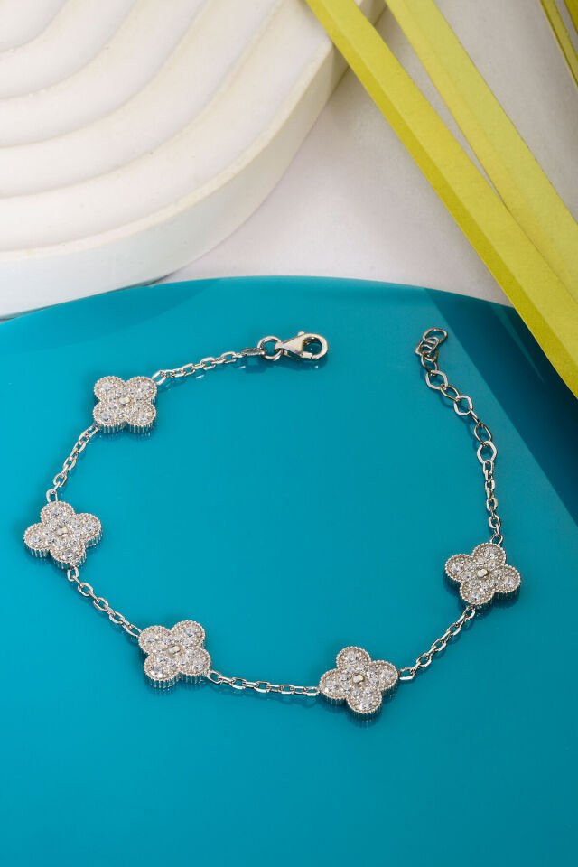 925 Ayar Gümüş Taşlı 5 Yoncalı Bileklik