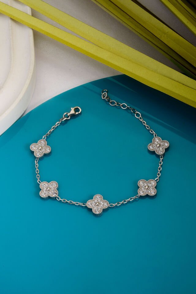 925 Ayar Gümüş Taşlı 5 Yoncalı Bileklik