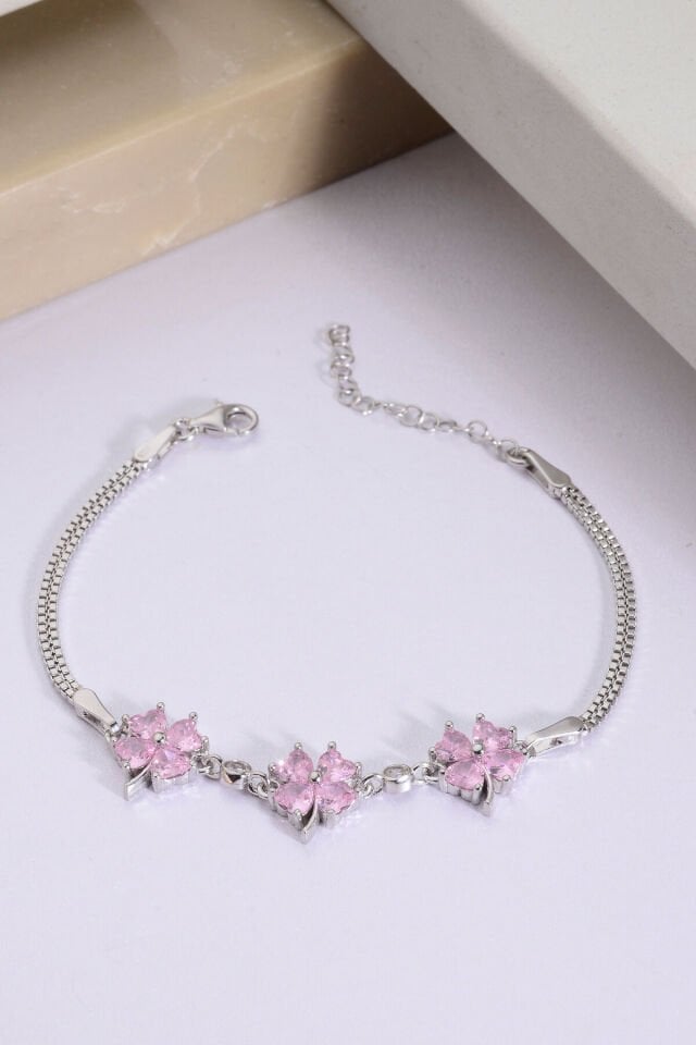 925 AYAR GÜMÜŞ 3 PEMBE YONCA ZİRKON BİLEKLİK