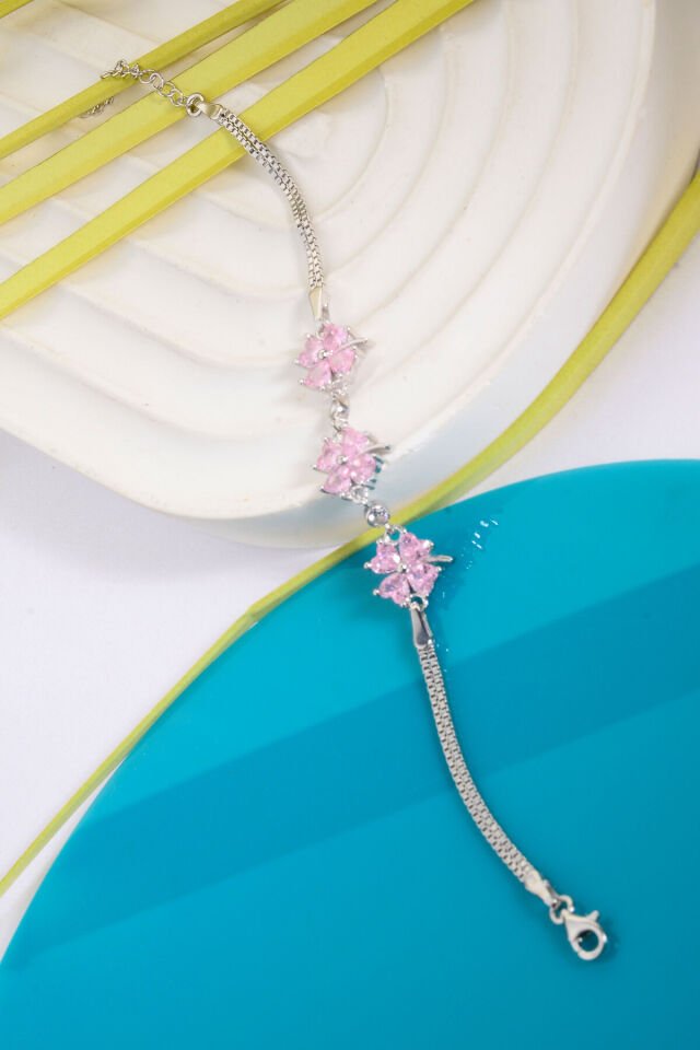 925 AYAR GÜMÜŞ 3 PEMBE YONCA ZİRKON BİLEKLİK