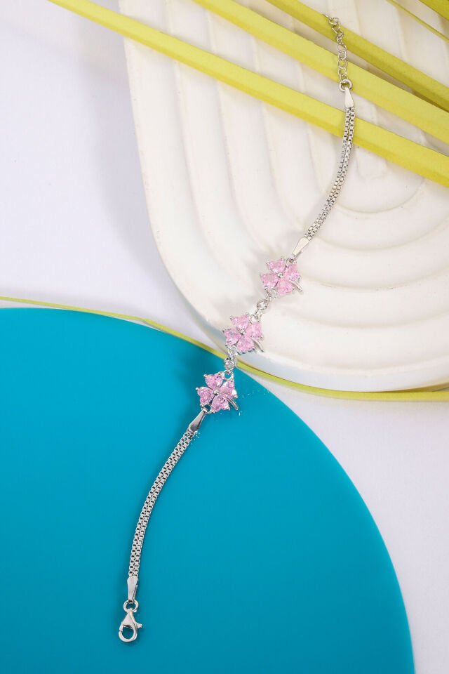 925 AYAR GÜMÜŞ 3 PEMBE YONCA ZİRKON BİLEKLİK