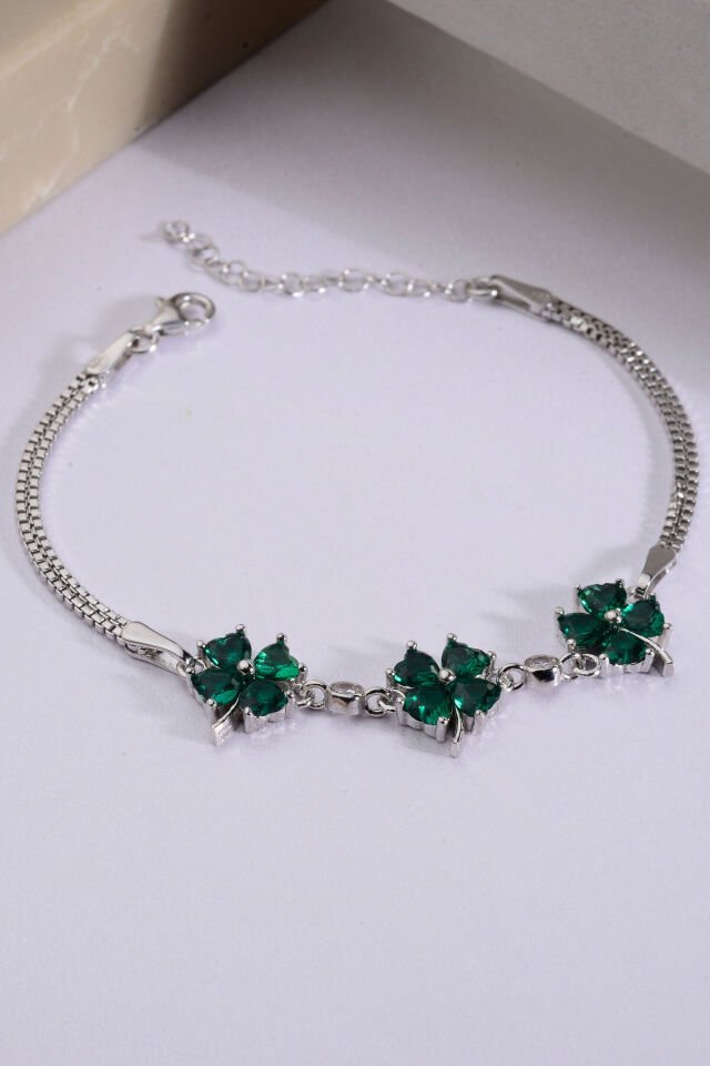 925 AYAR GÜMÜŞ 3 YEŞİL YONCA ZİRKON BİLEKLİK