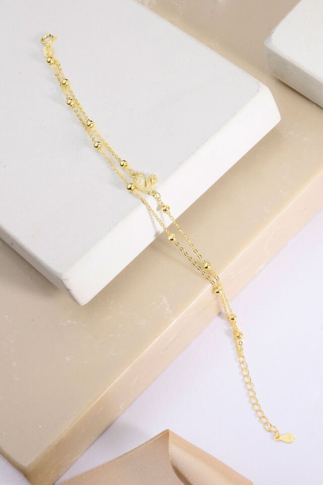 925 AYAR GÜMÜŞ ÜZERİ ALTIN KAPLAMA ÇİFT ZİNCİRLİ KUĞU BİLEKLİK