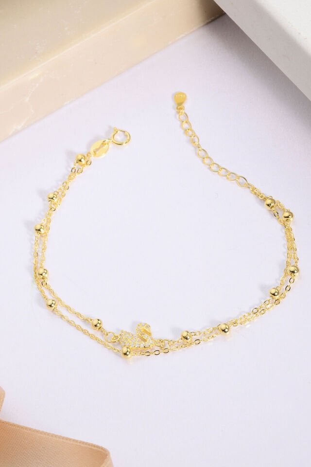 925 AYAR GÜMÜŞ ÜZERİ ALTIN KAPLAMA ÇİFT ZİNCİRLİ KUĞU BİLEKLİK