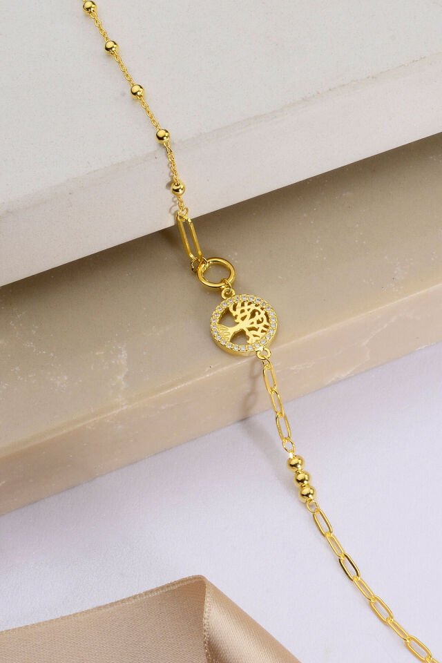 925 AYAR GÜMÜŞ ÜZERİ ALTIN KAPLAMA HAYAT AĞACI BİLEKLİK