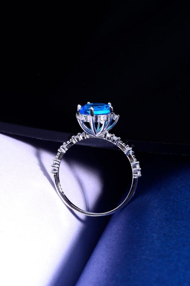 925 Ayar Gümüş Lotus Taşlı Kadın Yüzük Mavi - 17