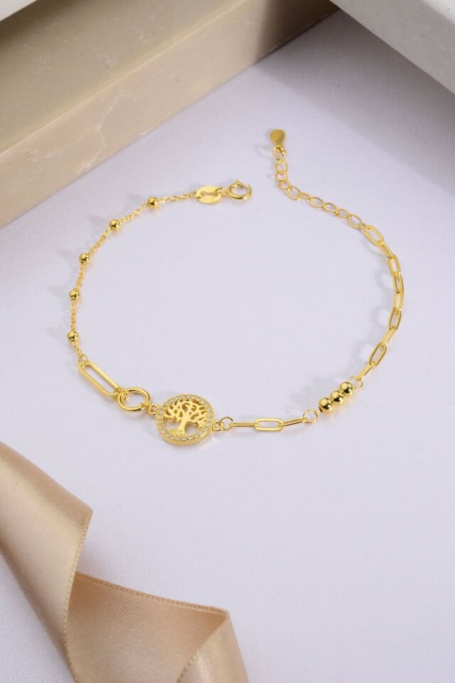 925 AYAR GÜMÜŞ ÜZERİ ALTIN KAPLAMA HAYAT AĞACI BİLEKLİK